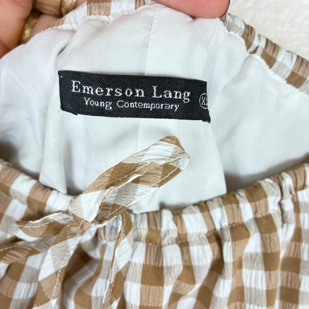 Emerson Lang Skirt XL Bubble Balloon Hem Midi Gingham Cottage Boho Brown Plaid